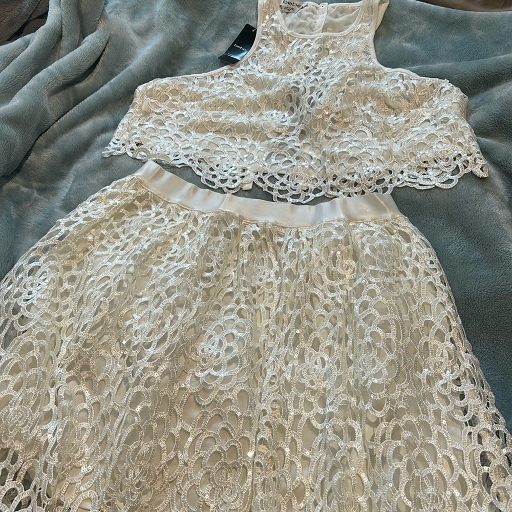 White Two Piece Sequin Open Lace outfit-L-NWT